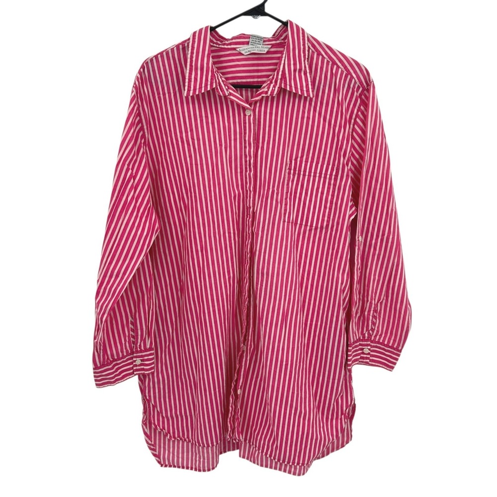 Pink Striped Oversized Button‎ Down Shirt Cotton L Long Sleeve Preppy Coastal
